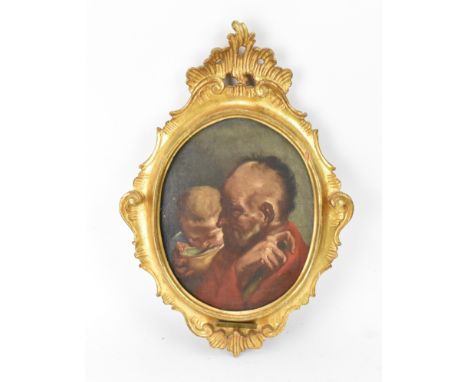 After Domenico Maggiotto (1712-1794) Italian oval painting depicting an old man and a boy, possibly St Christopher, in a red 