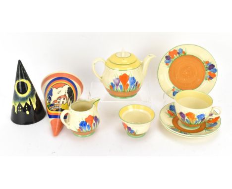 A Clarice Cliff 'Crocus' pattern tea set, comprising a teapot, sugar pot, milk jug, teacup, saucer and side plate, with addit