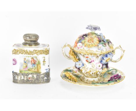 A German silver-mounted porcelain tea caddy, painted with galanterie scene and flowers, with raised gilt foliate frieze, unde
