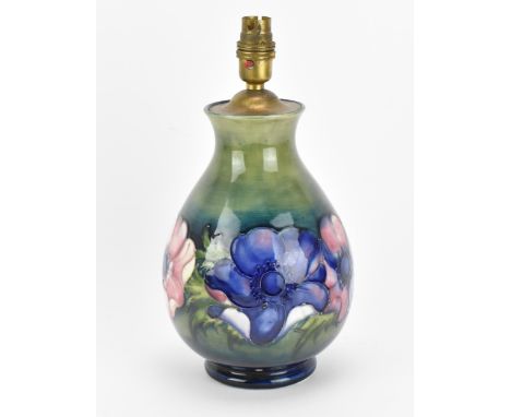 A Walter Moorcroft 'Anemone' pattern vase, circa 1940-50, converted to a lamp, of baluster form with frieze of blooms against