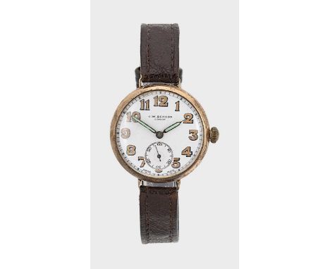 J.W. Benson, London - A 9ct gold 'Trench' style wristwatch, circa 1943, circular white dial with Arabic numerals, skeleton ha