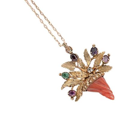 A Victorian coral and multi gemset cornucopia 'regard' pendant, set with ruby, emerald, garnet, amethyst, ruby and diamond, a