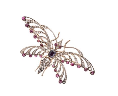 A Victorian insect brooch, the abdomen set with an oval faceted red stone, assessed as rubellite (untested, due to limitation