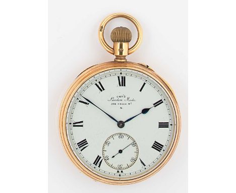 Jay’s, London – An 18ct gold open faced pocket watch, circa 1904, white dial with black Roman numerals, blued hands and subsi