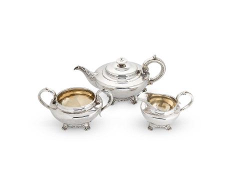 A William IV silver 3-piece tea set London 1830, the teapot with mark of Joseph Angell I, of plain, somewhat squat circular f