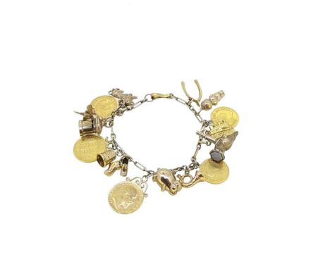 A charm bracelet, fancy rectangular links suspending ten charms assessed as 9ct gold, one fob seal and five coins, including 