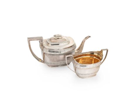 A George III silver teapot and sugar bowl, mark of John Emes, London 1807, the teapot of rectangular form, lower and parapet 