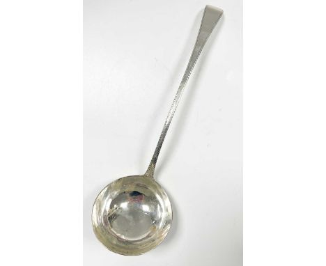 A George III 18th century silver soup ladle, maker's mark indecipherable, London 1753, 'Old English Feather Edge' pattern wit