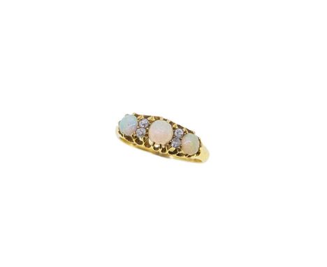 A Victorian 18ct gold opal and diamond ring, three claw set round cabochon opals, diameter from 4.2 to 4.9mm, further set wit