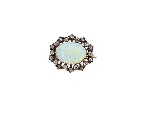 A Victorian opal and diamond brooch, claw set oval cabochon opal, approximately 18.9 x 13.8mm, estimated approximate weight 7