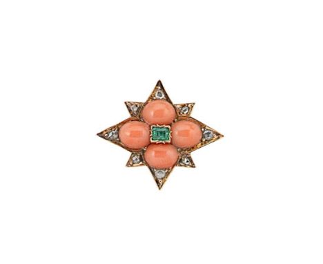 A Victorian emerald, coral and diamond star brooch, central octagonal emerald, surrounded by four oval cabochon coral, furthe