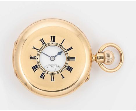 Charles Frodsham, London - A fine George V 18ct gold half hunter pocket watch,  circa 1910, outer cover with blue enamel Roma