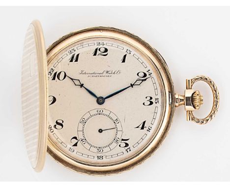 IWC, Schaffhausen - A Swiss 14ct gold full hunter pocket watch, circa 1920, cream-coloured dial with black Arabic numerals, b