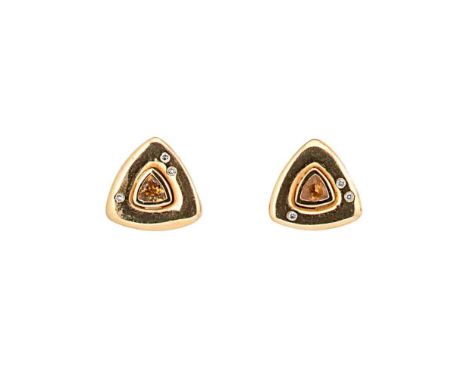 A pair of citrine and diamond ear studs, each triangular panel is set with a central triangular faceted citrine and further s