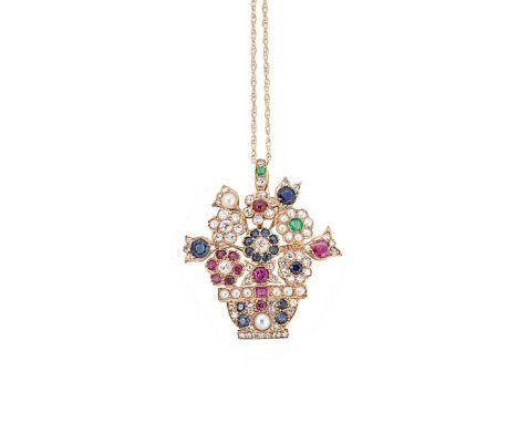 A gemset giardinetto pendant/brooch, set with old brilliant and eight cut diamonds, rubies, sapphires, emeralds and split pea