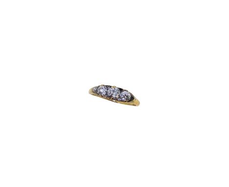 A diamond set carved half hoop style ring, three old European cut diamonds, further set with rose cut diamond accents (one la