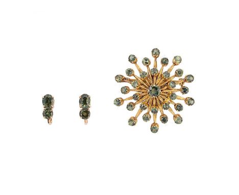 A green sapphire pendant/brooch, together with a pair of ear studs, first, the starburst style brooch with claw set round fac