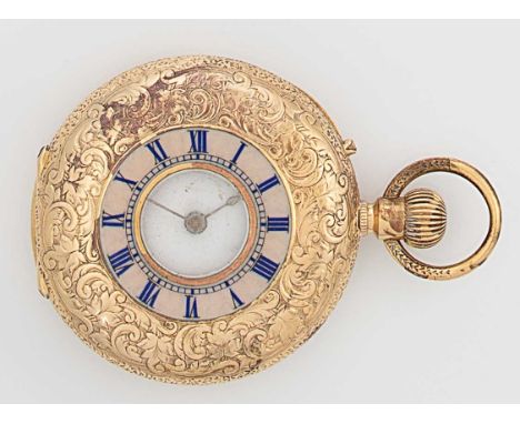 Unsigned - A Swiss 18ct gold half hunter pocket watch, circa 1890, outer cover with blue enamel Roman numerals and inner chem