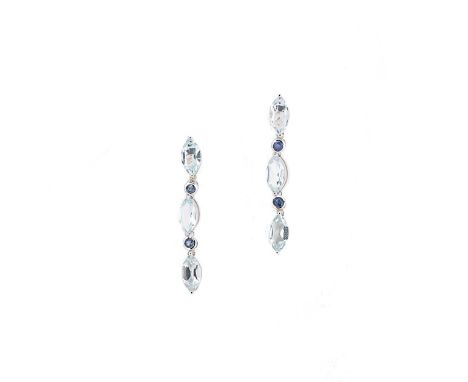 A pair of aquamarine and sapphire ear pendants, each with three claw set marquise shaped aquamarines and two rubover set roun