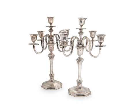 A pair of early 20th century German metalwares silver 5 light candelabra, mark of Gebrüder Kühne, Schwäbisch Gmund, circa 192