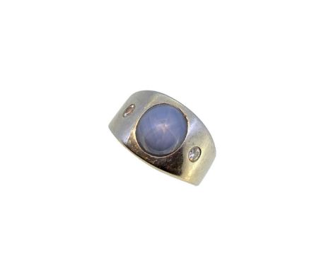 A star sapphire and diamond ring, oval cabochon star sapphire, approximately 10.7 x 9.4 x 8mm, estimated approximate weight 6