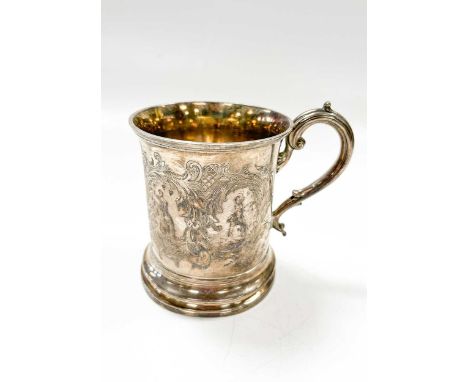 A Victorian silver christening mug, mark of Charles Reily &amp; George Storer, London 1842, the side with engraved foliage ar