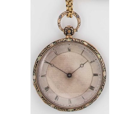 Unsigned - An early 19th century French metalwares 18ct gold slim cased open faced pocket watch, circa 1825, silvered dial wi