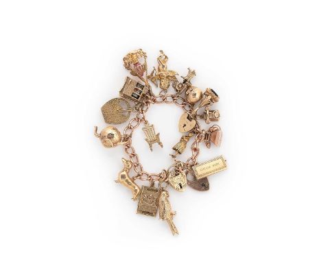 A late 20th century 9ct gold charm bracelet, curb style links, with sixteen hallmarked or assessed 9ct gold charms, including