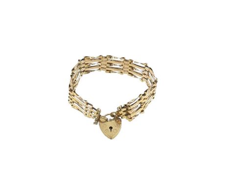A late 20th century 9ct gold gate bracelet, five bars, length 16cm, width 1.6cm, heart padlock clasp with integral safety cha