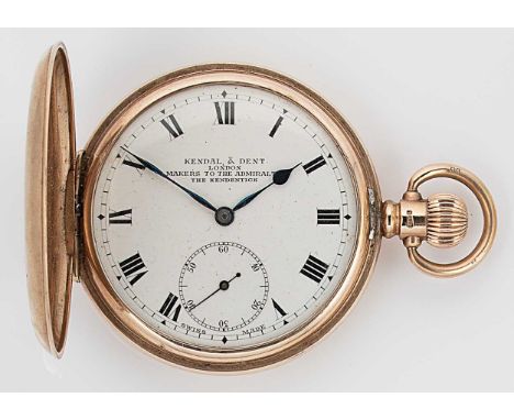 Kendall & Dent, London – A 9ct gold hunter pocket watch, circa 1927, white dial with black Roman numerals, blued hands and su