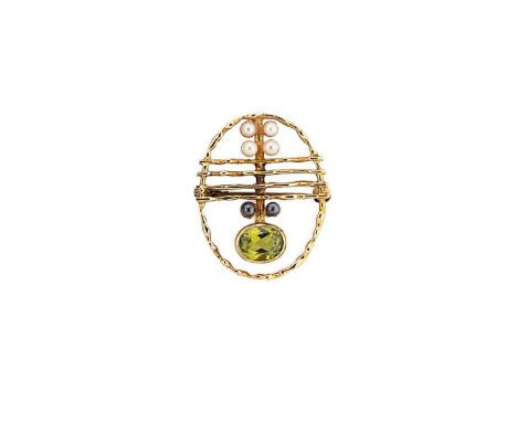 A peridot and pearl brooch, abstract design, with a rubover set oval faceted peridot, approximately 9 x 7mm, further set with