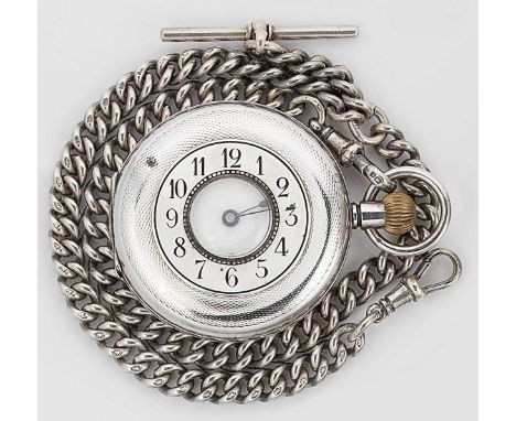 Unsigned - A silver half hunter pocket watch with later watch chain, circa 1919, outer cover with engine turned decoration, b