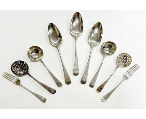 A 34-piece set of George III 18th century silver flatware with 55 additions, mark of Richard Crossley, London 1788, 'Old Engl