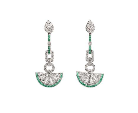 A pair of emerald and diamond ear pendants, each with an articulated drop set with round brilliant cut diamonds and calibré c