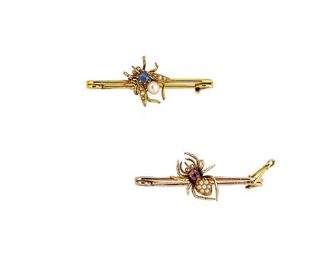 Two insect brooches, first, the spider set with a synthetic ruby, split pearls and rose cut diamonds, mounted to a stock pin 