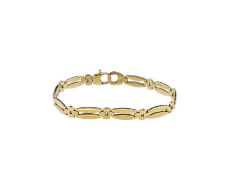 A 9ct gold bracelet two bar gate style bracelet, length 18cm, width 6.5mm, trigger clasp, import mark for London, 9ct gold, w