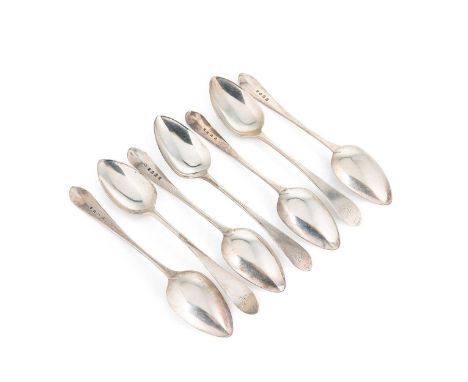 Edinburgh - A set of six 18th century silver dessert spoons with a later addition,  mark of Robert Wilson, 1798, 'Old English