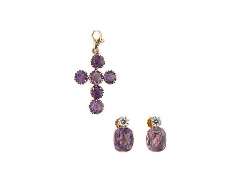 An amethyst cross pendant and ear studs, first, the cross pendant with six claw set round faceted amethysts, trigger clasp as