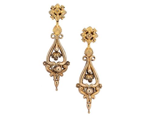 A pair of Georgian ear pendants, circa 1830s, each with a floral stud, suspending a scallop shell and an open work design inc