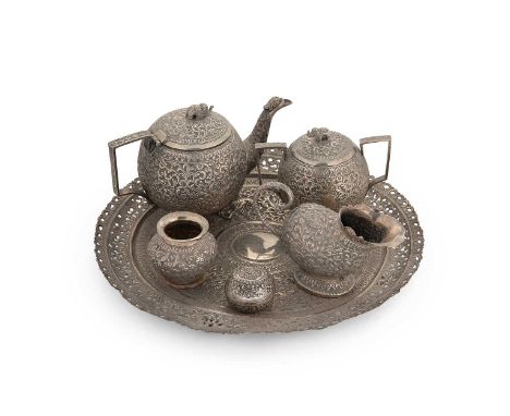 A late 19th century Indian metalwares 6-piece tea set,   apparently unmarked, circa 1890, probably Bhuj, Kutch, tests as silv