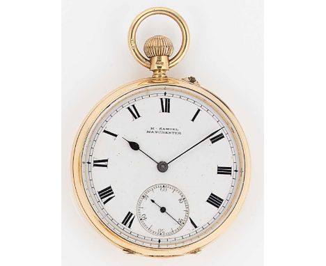 Harriet Samuel, Manchester – An 18ct gold open faced pocket watch, circa 1905, white dial with black Roman numerals, blued ha