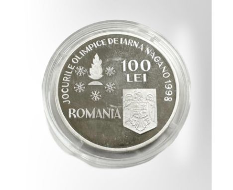 A Romania 1998 (Winter Olympics) 100 Lei, 0.925 silver coin, 27.3g.