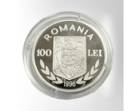 A Romania 1996 100 Lei (Canoe) 0.925 silver coin, 27.1g.