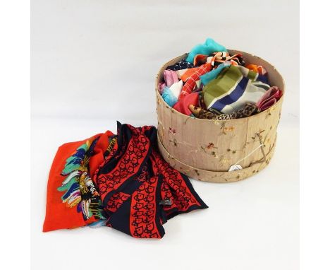 Quantity of vintage scarves including Christian Dior silk scarf in blue and red with the Dior logo, within a fabric-covered h
