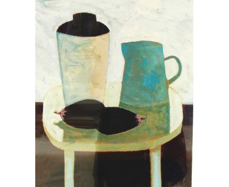 Graham Knuttel Limited edition colour printVase, ewer and aubergine on stand, 4/99, signed lower right with artist's blind st