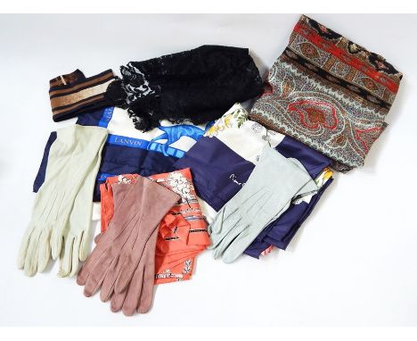 Large quantity of vintage scarves and gloves including Pierre Cardin, Lanvin, etc (1 box) 