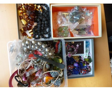 Quantity of mixed costume jewellery including necklaces, Venetian bead necklace, silver and agate brooch, stone set ring and 