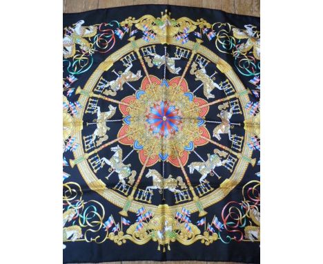 Boxed Hermes "Luna Park" black jacquard silk scarf,&nbsp; designed by Joachim Metz in 1993, decorated with carousel horses, f