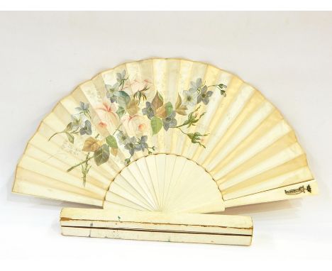 Painted silk fan with bone sticks, monogram and coronet on one guard stick, in original box, by J Duvelleroy, London