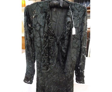 Mid 20th century vintage black evening dress in devore on chiffon, deep bow front with long sleeves